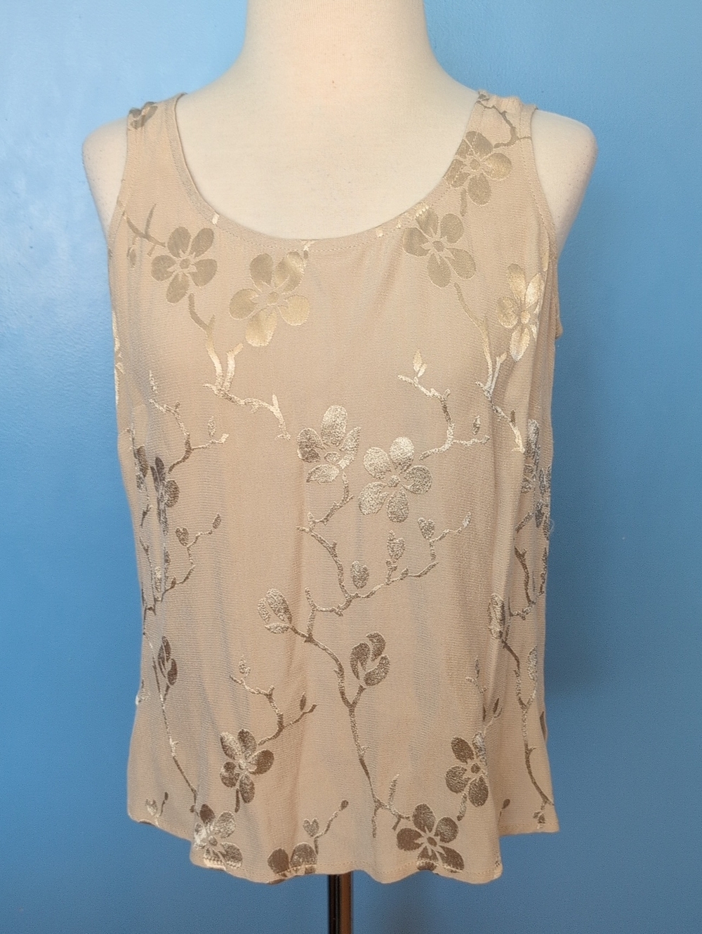 Vintage Y2K Violet Kay Floral Jacquard Tank Top Shimmer Beige Gold Size S